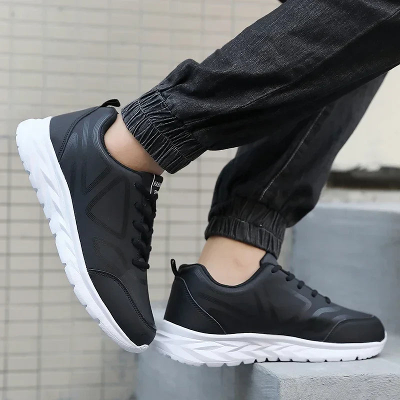 YRZL Black Running Shoes Leather Waterproof Athletic Sneakers Men Wear-resistant Men Walking Sport Shoes Comfortable Men Shoes