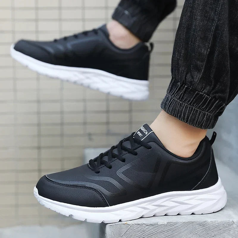 YRZL Black Running Shoes Leather Waterproof Athletic Sneakers Men Wear-resistant Men Walking Sport Shoes Comfortable Men Shoes